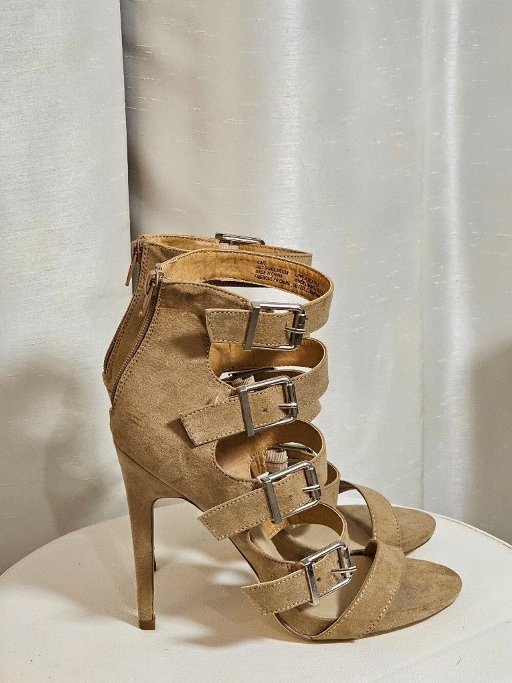 ShoeDazzle Tan Faux Suede Multi Buckle Gladiator Heels
